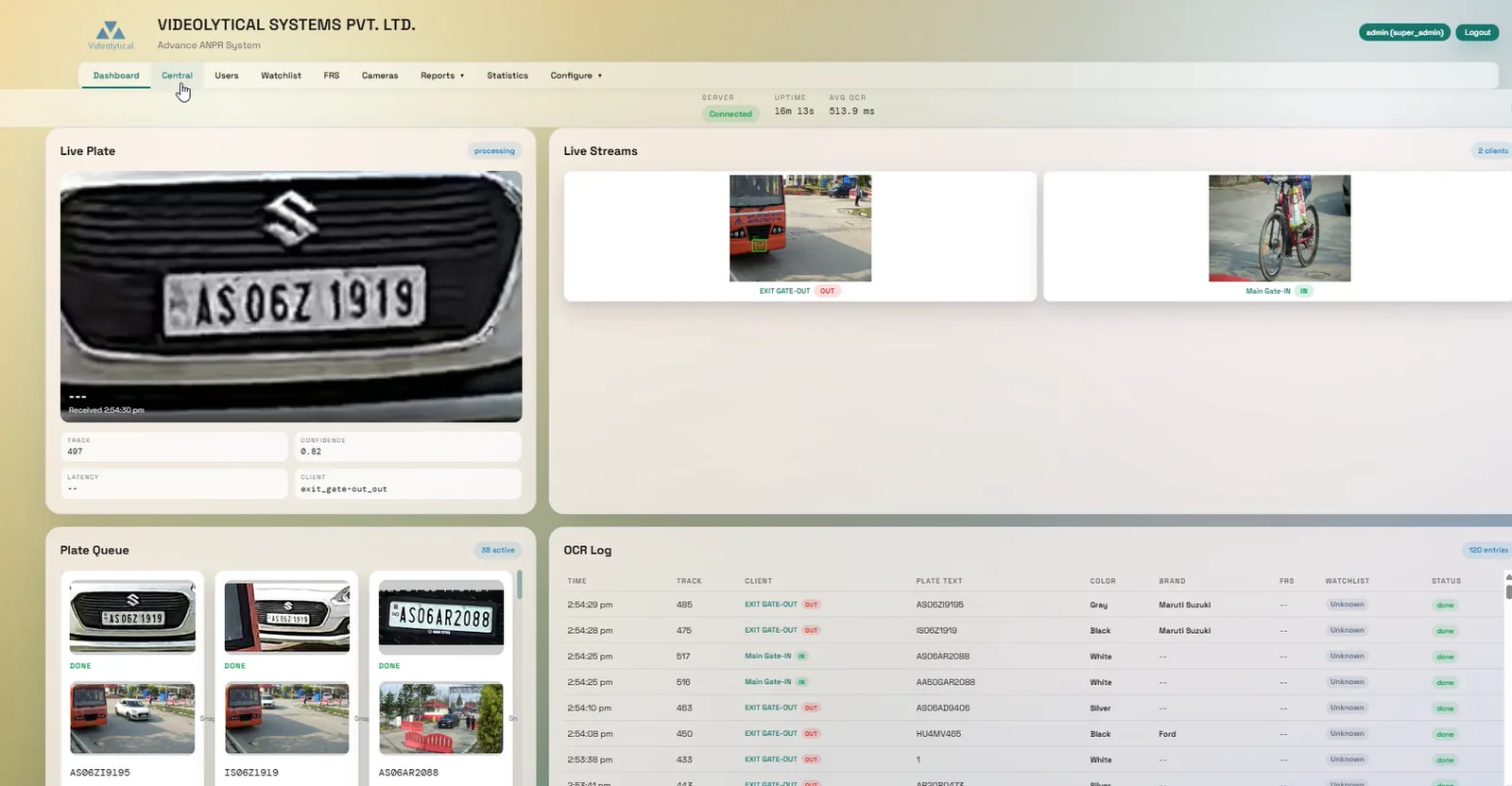 Videolytical ANPR dashboard with a live number-plate close-up, a plate queue, two gate camera streams and an OCR log table listing time, gate, plate text, vehicle colour and brand.